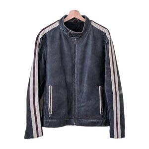 Danier Leather Jacket Men M Gray Biker Zip Striped LS Pockets Textured Rigid VTG